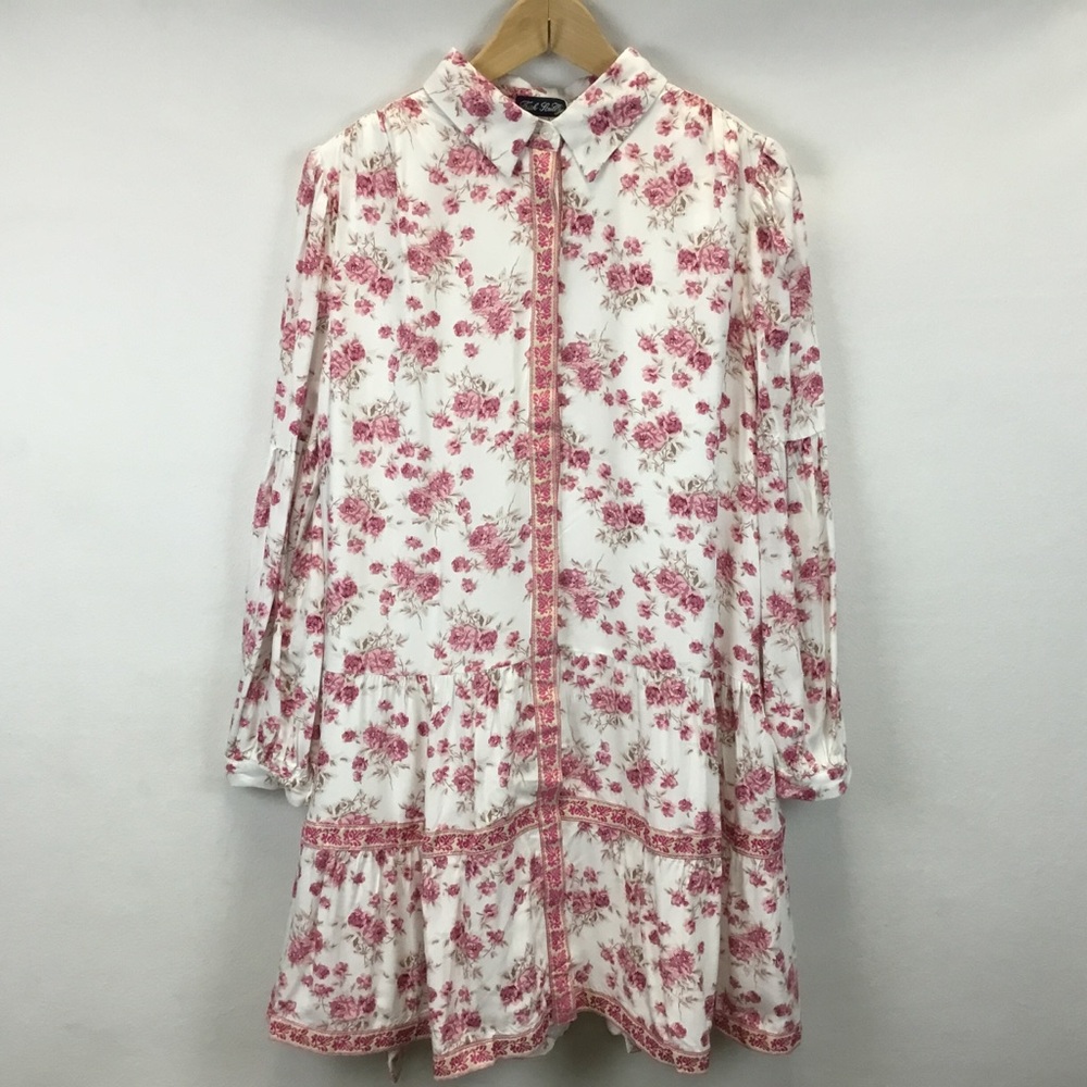 Trish Scully Oversized Pink Floral Long Sleeve Mini Shirt Dress Size 2 - Picture 3 of 11